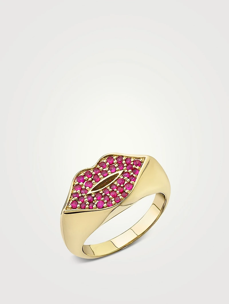 14K Gold Red Lips Signet Ring With Rubies