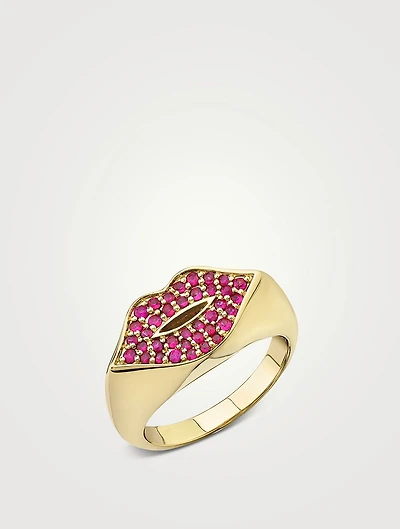 14K Gold Red Lips Signet Ring With Rubies