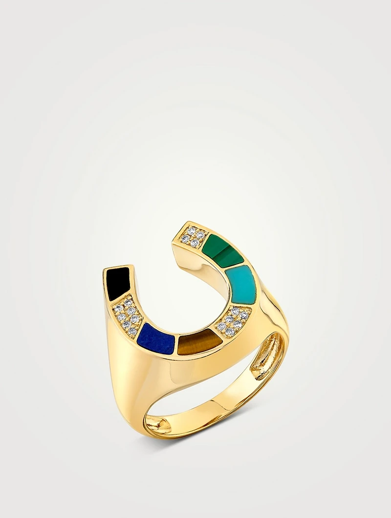 14K Gold Mosaic Horseshoe Signet Ring With Diamonds
