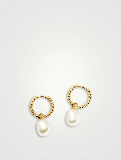 Small Pearl Twisted Drop Hoop Earrings