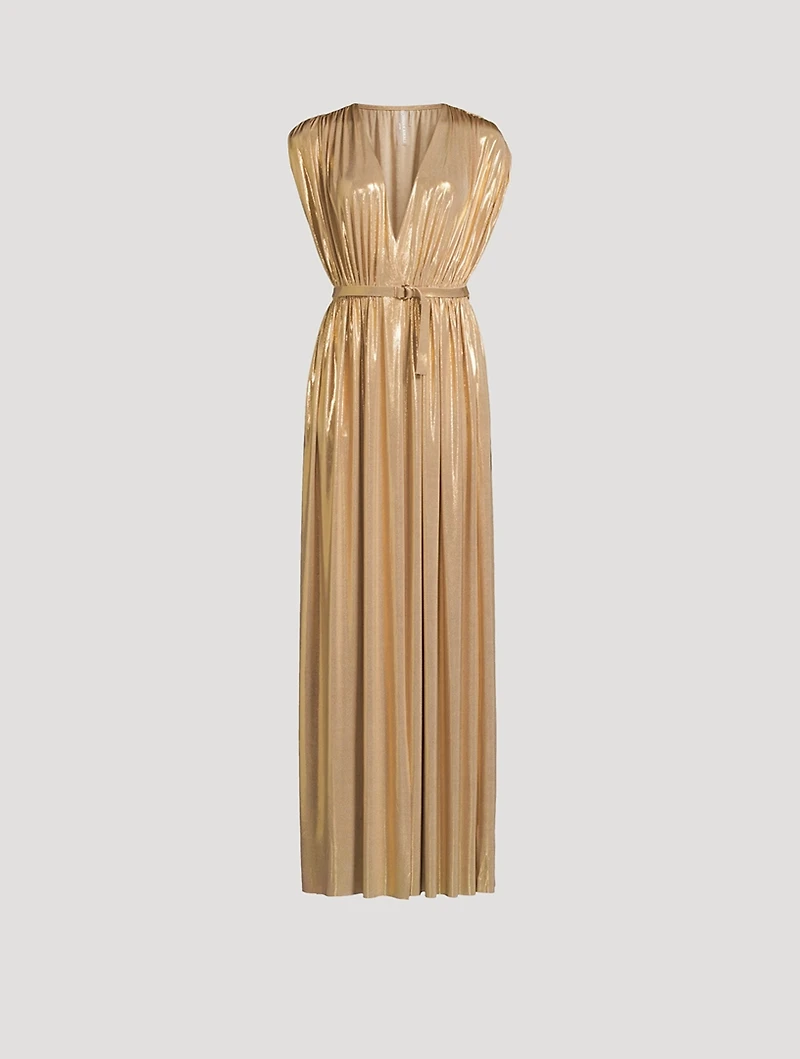 Athena Belted Lamé Gown