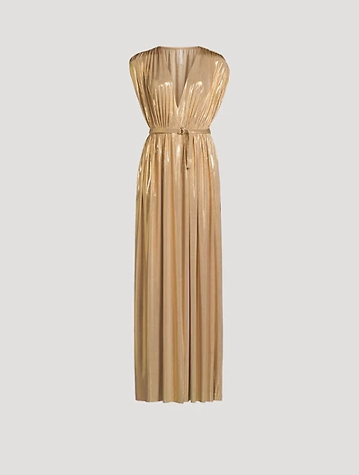 Athena Belted Lamé Gown