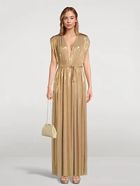 Athena Belted Lamé Gown