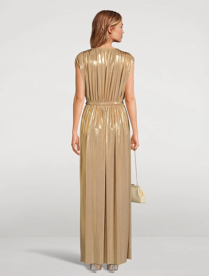 Athena Belted Lamé Gown