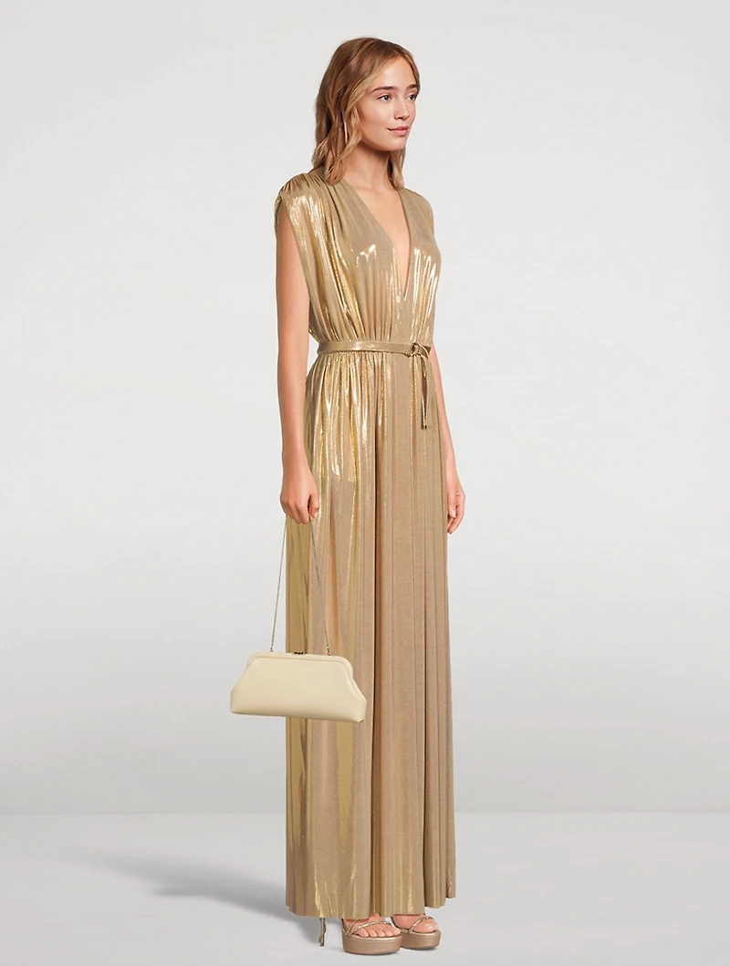 Athena Belted Lamé Gown