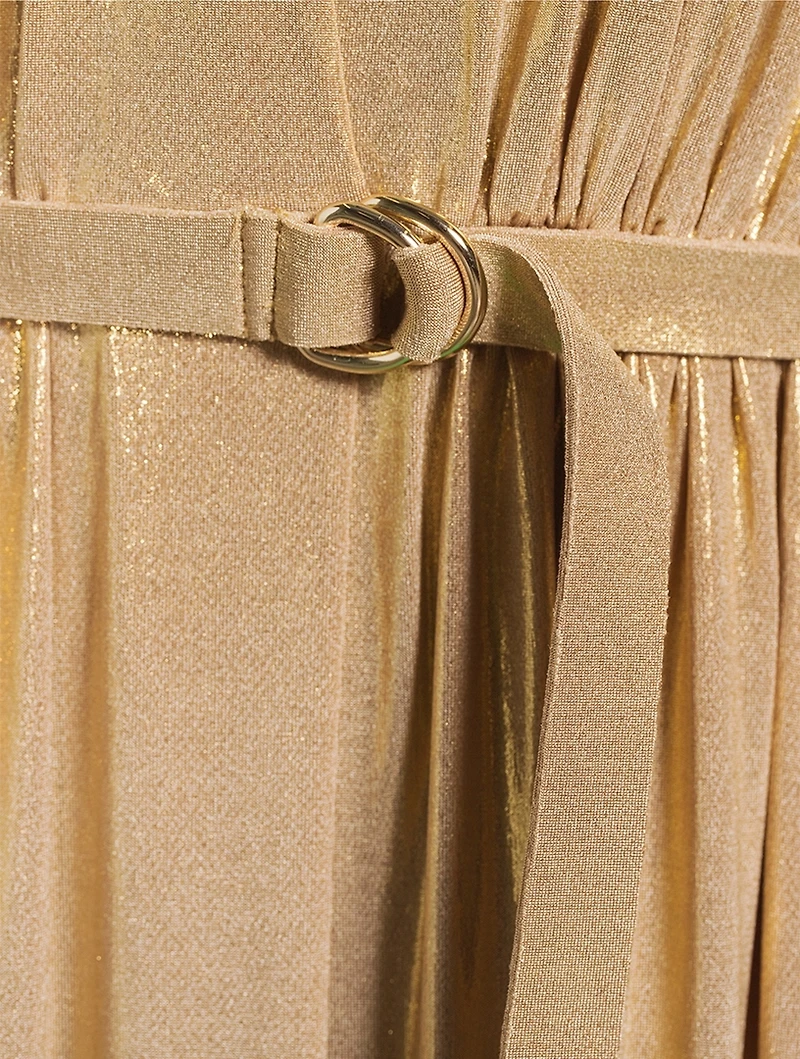 Athena Belted Lamé Gown