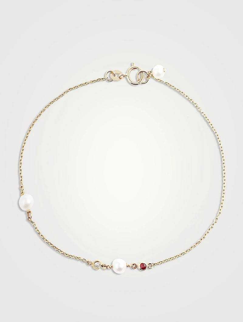 14K Gold Ruby Pearl Diamond Bracelet