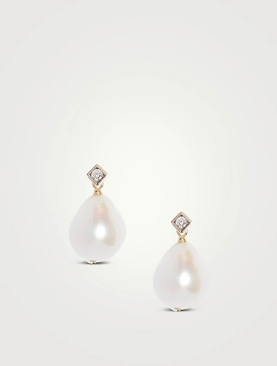 14K Gold Diamond Baroque Pearl Earrings With Diamonds