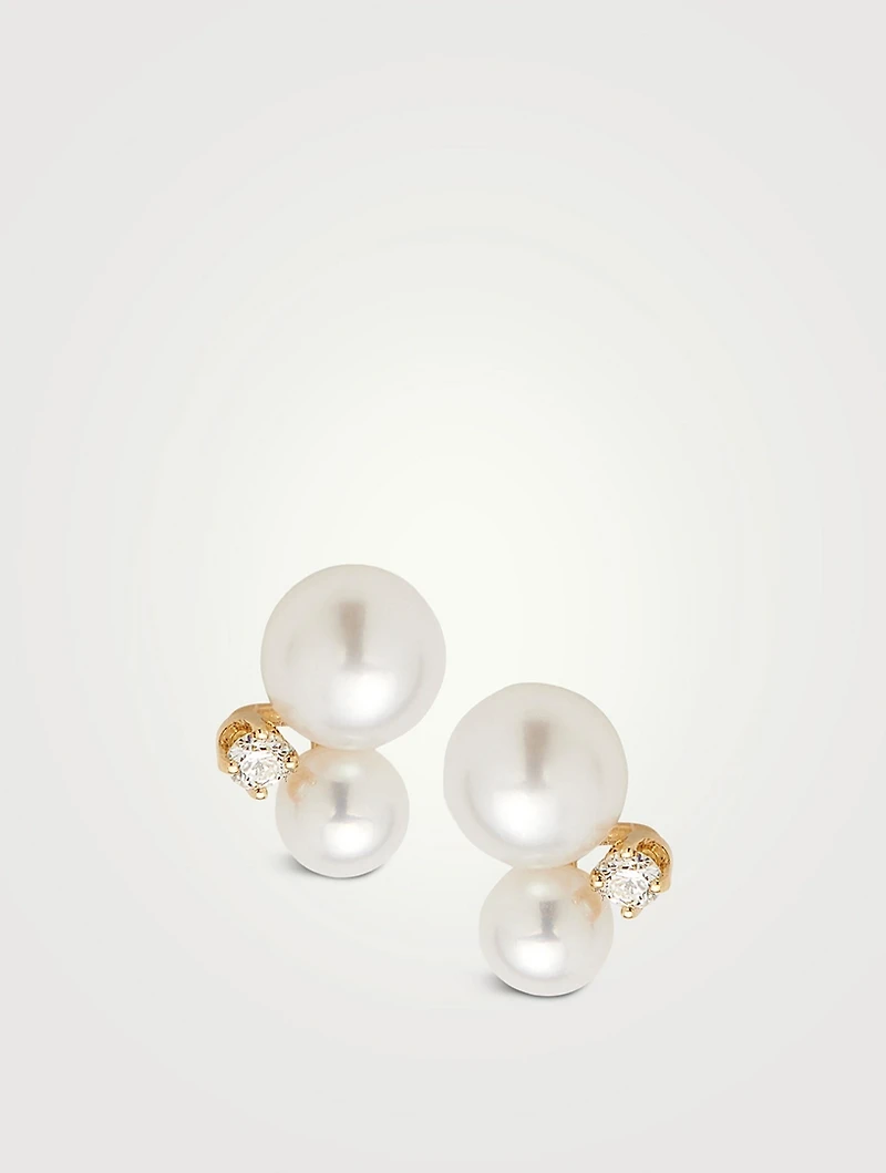 14K Gold Double Pearl Gemstone Stud Earrings With Diamonds
