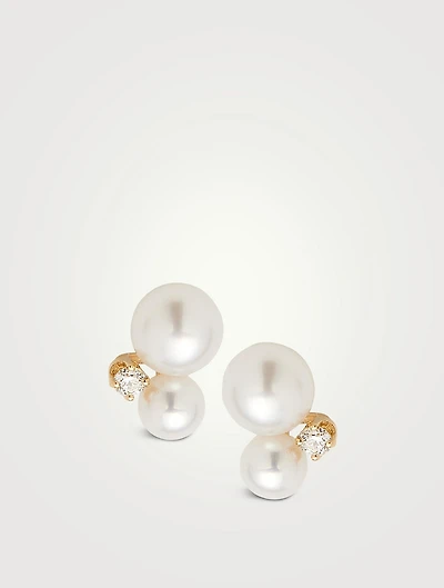 14K Gold Double Pearl Gemstone Stud Earrings With Diamonds