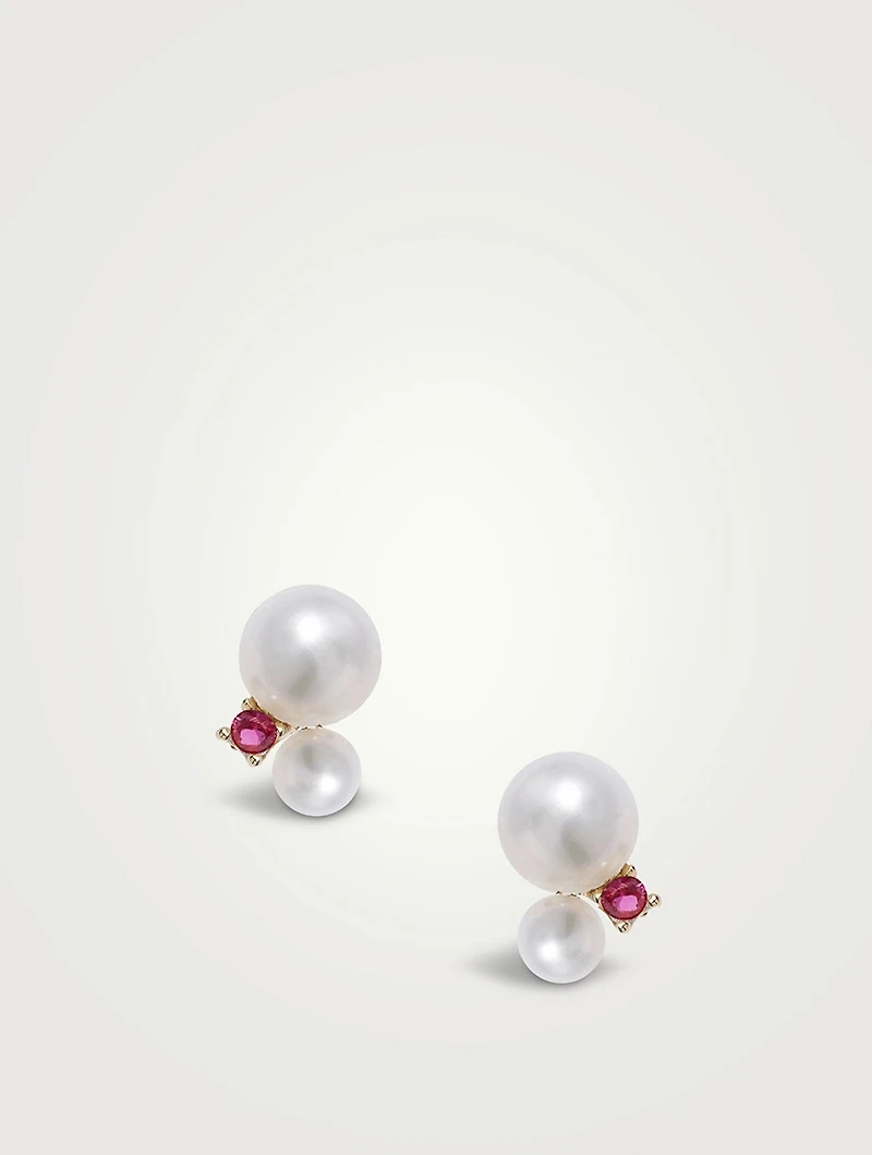 14K Gold Double Pearl Gemstone Stud Earrings With Rubies