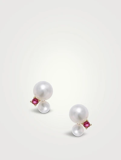 14K Gold Double Pearl Gemstone Stud Earrings With Rubies