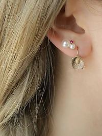 14K Gold Double Pearl Gemstone Stud Earrings With Rubies