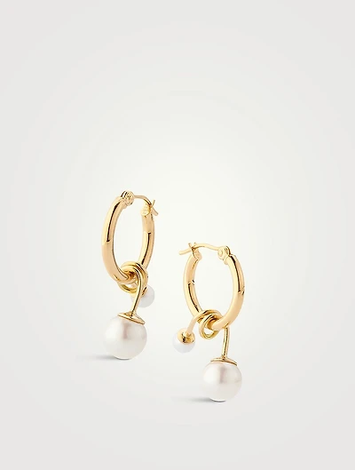 14K Gold Hoop Earrings With Swirl Pearl Dangles
