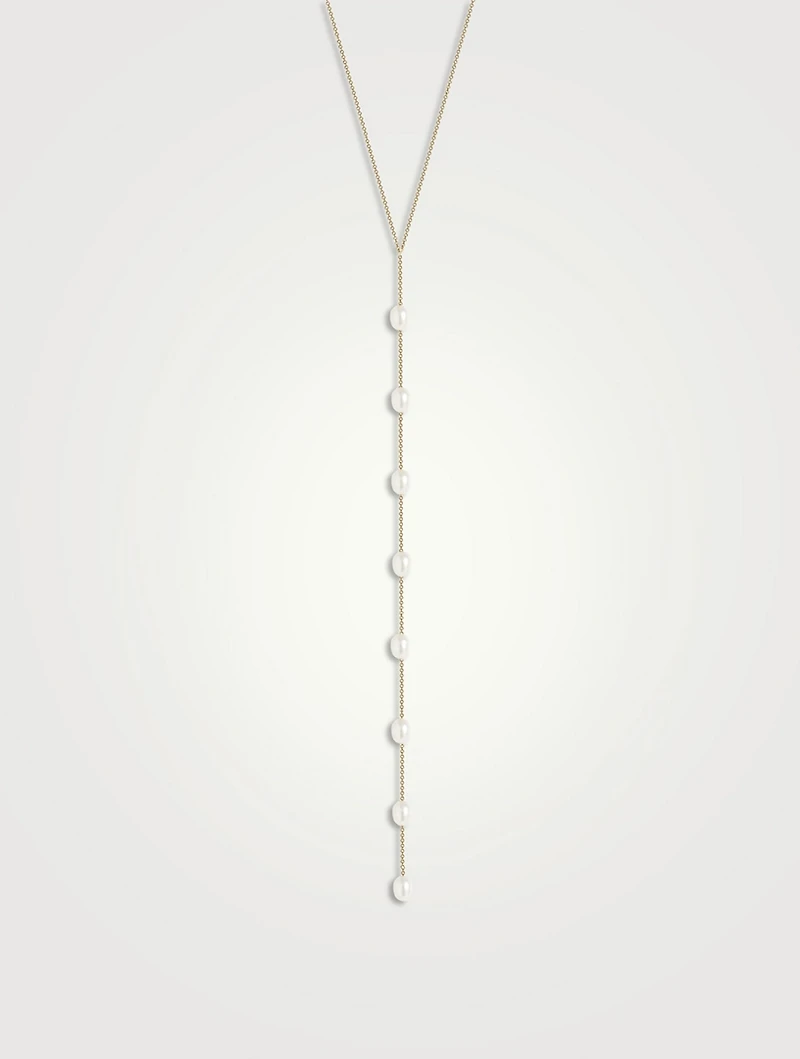 14K Gold Long Pearl Lariat Necklace