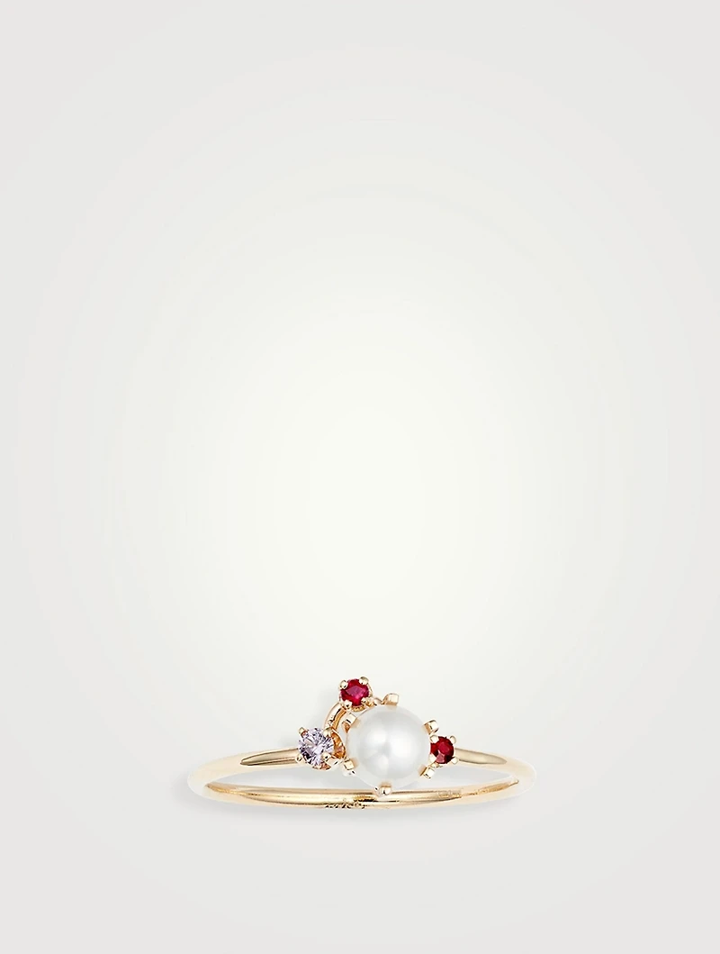 14K Gold Pearl Gemstone Cluster Ring