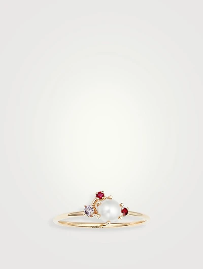 14K Gold Pearl Gemstone Cluster Ring