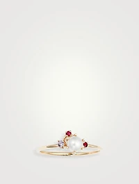 14K Gold Pearl Gemstone Cluster Ring