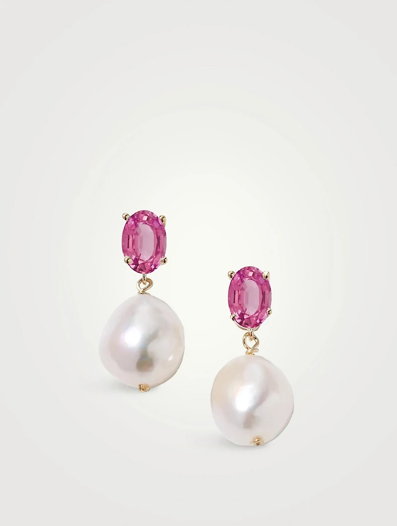 14K Gold Oval Gem Baroque Pearl Earrings With Pink Topaz