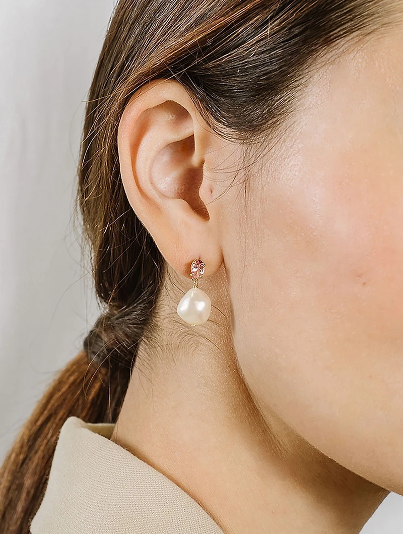 14K Gold Oval Gem Baroque Pearl Earrings With Pink Topaz