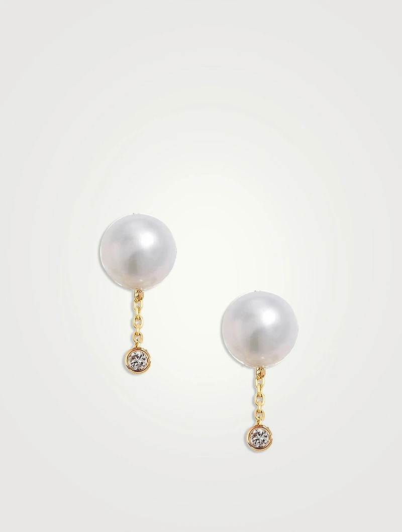 14K Gold Short Pearl Diamond Drop Earrings