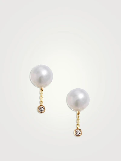 14K Gold Short Pearl Diamond Drop Earrings