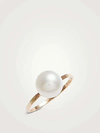 14K Gold Large Pearl Hammered Ring