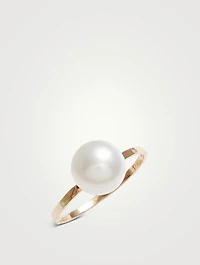 14K Gold Large Pearl Hammered Ring