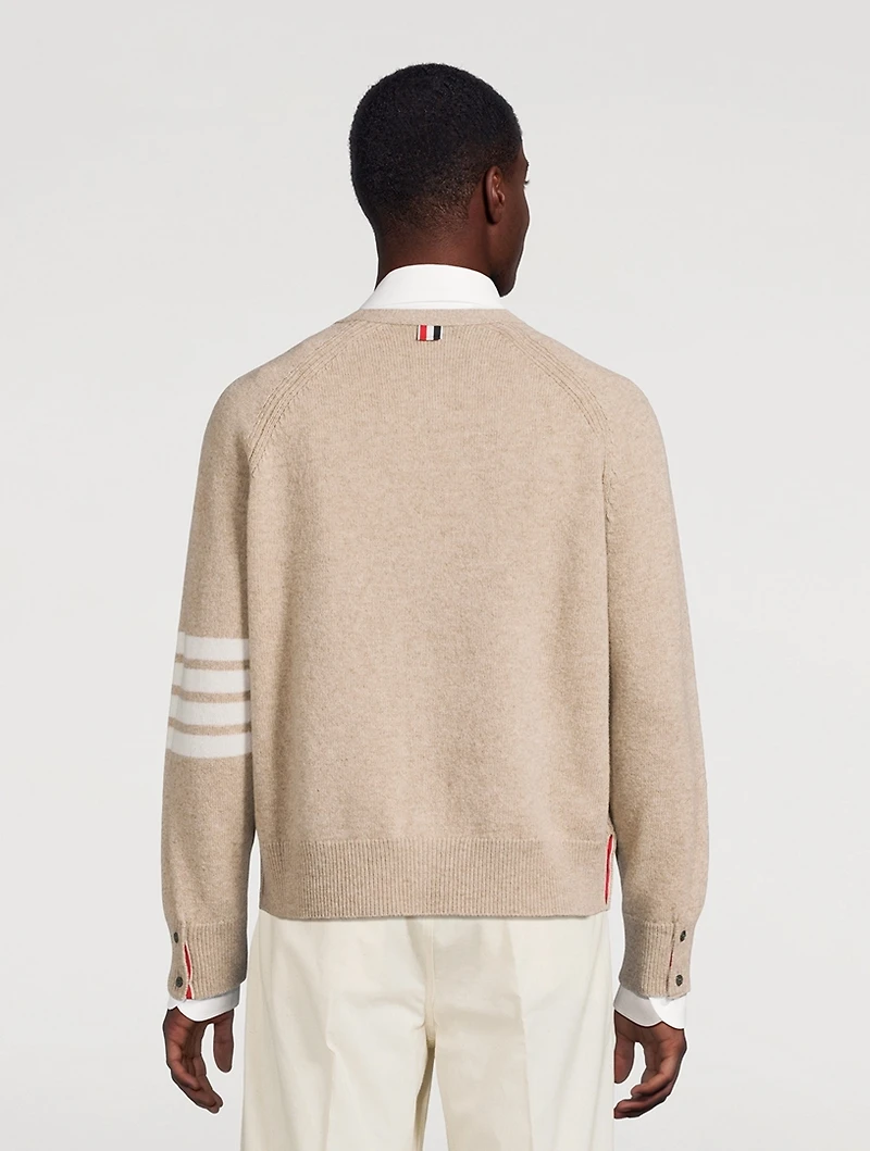 Stretch Wool V-Neck Cardigan With 4-Bar Stripes