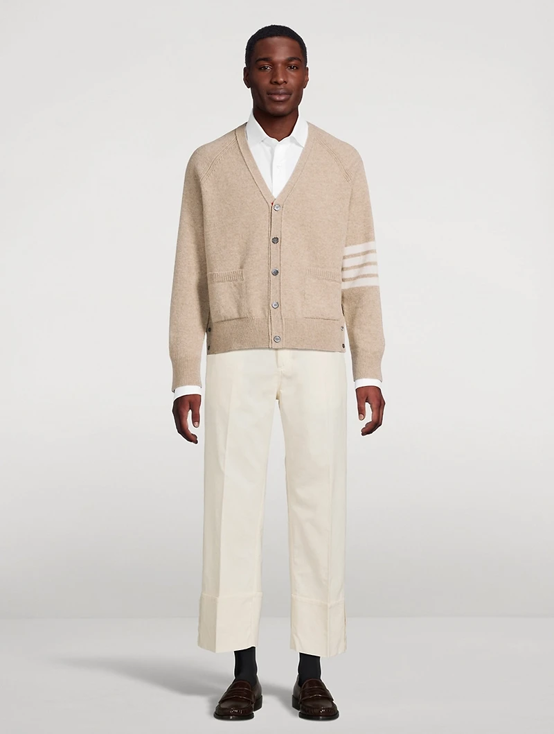 Stretch Wool V-Neck Cardigan With 4-Bar Stripes