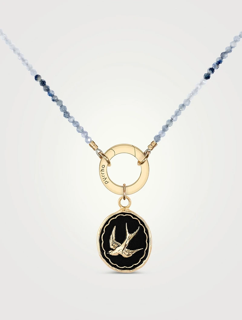 Free Spirited 14K Gold Talisman Variegated Teal Sapphire Beaded Choker Necklace