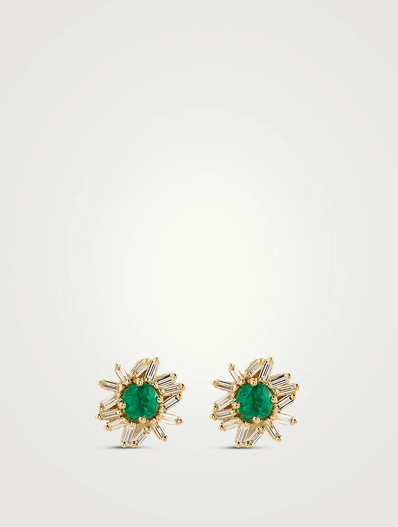 One-Of-A-Kind 18K Gold Emerald Stud Earrings With Diamonds