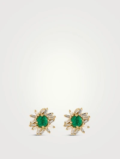 One-Of-A-Kind 18K Gold Emerald Stud Earrings With Diamonds