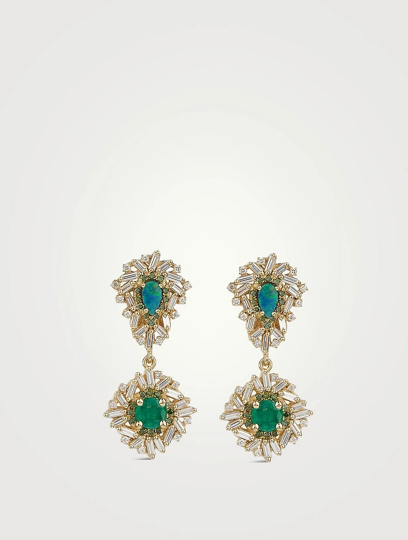 One-Of-A-Kind 18K Gold Earrings With Opal, Emerald, And Diamonds
