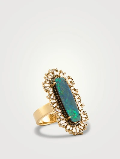 One-Of-A-Kind 18K Gold Opal Cocktail Ring With Green And White Diamonds