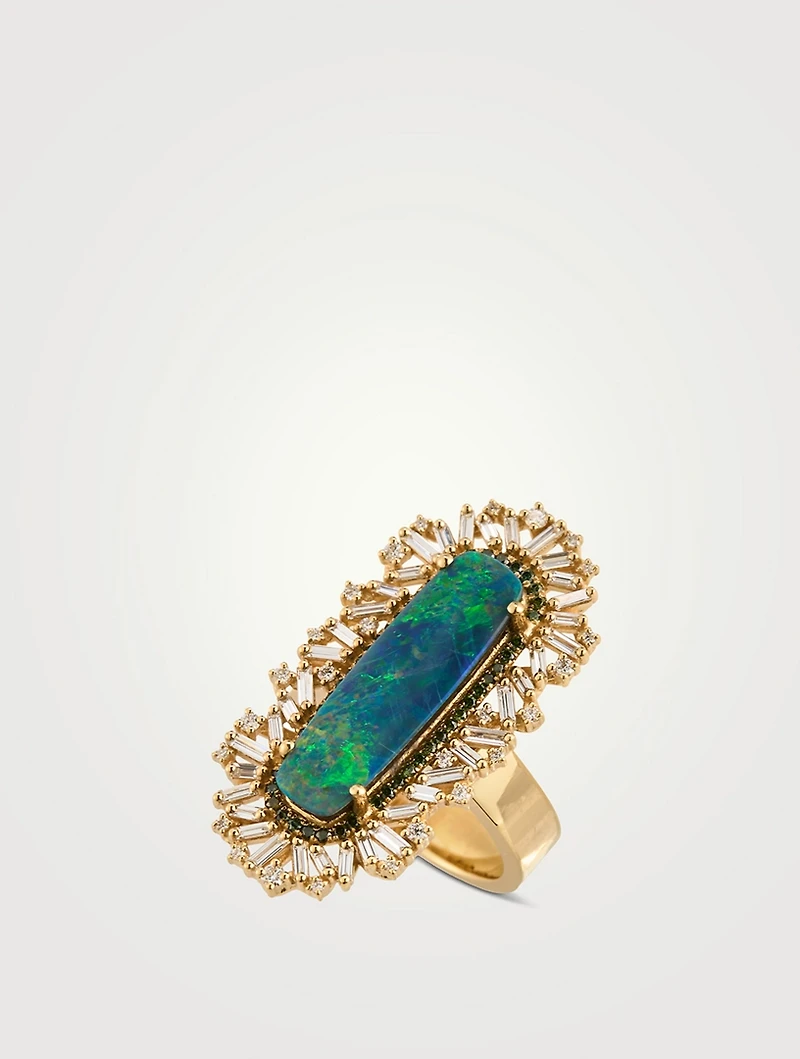 One-Of-A-Kind 18K Gold Opal Cocktail Ring With Green And White Diamonds