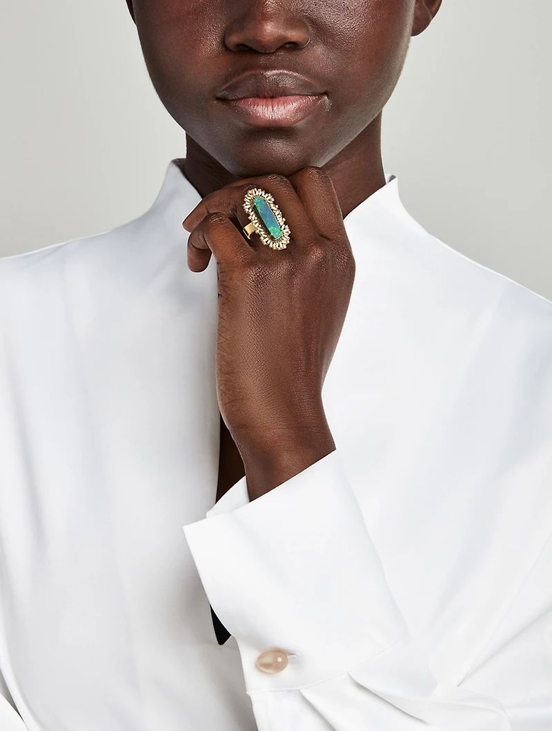 One-Of-A-Kind 18K Gold Opal Cocktail Ring With Green And White Diamonds