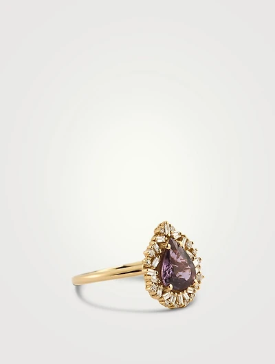 One-Of-A-Kind 18K Gold Dark Purple Sapphire Pear Ring With Diamonds