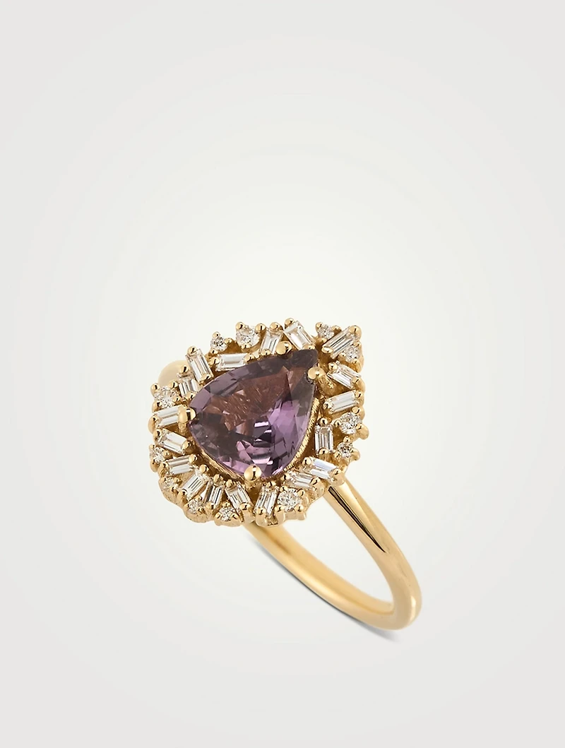 One-Of-A-Kind 18K Gold Dark Purple Sapphire Pear Ring With Diamonds