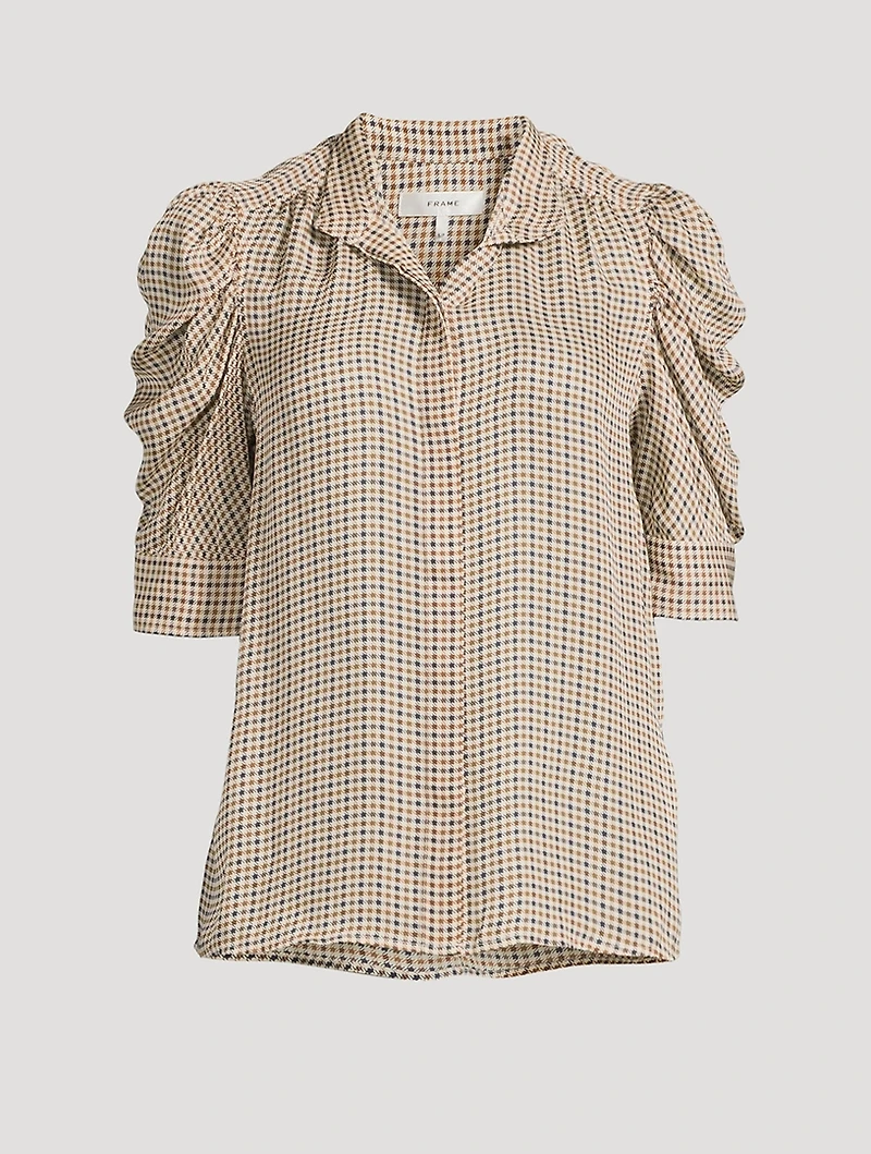 Gillian Puff-Sleeve Silk Shirt Houndstooth Print