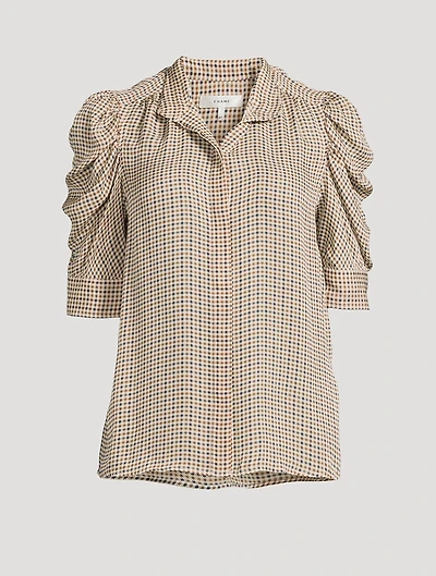 Gillian Puff-Sleeve Silk Shirt Houndstooth Print