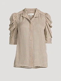 Gillian Puff-Sleeve Silk Shirt Houndstooth Print