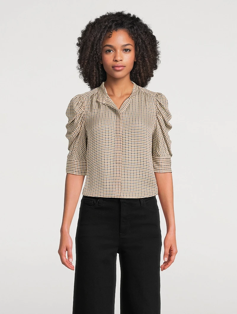 Gillian Puff-Sleeve Silk Shirt Houndstooth Print