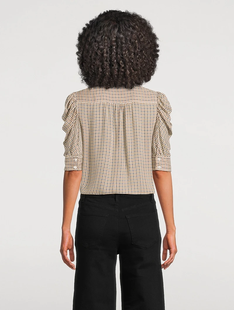 Gillian Puff-Sleeve Silk Shirt Houndstooth Print