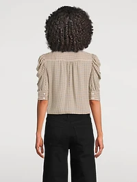Gillian Puff-Sleeve Silk Shirt Houndstooth Print