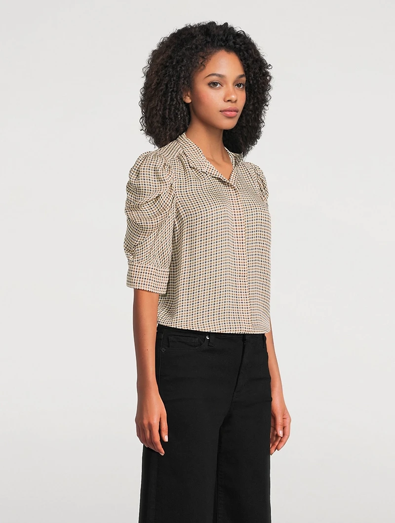 Gillian Puff-Sleeve Silk Shirt Houndstooth Print