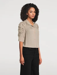 Gillian Puff-Sleeve Silk Shirt Houndstooth Print