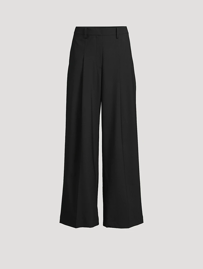 Wide-Leg Pleated Stretch Wool Trouser Pants