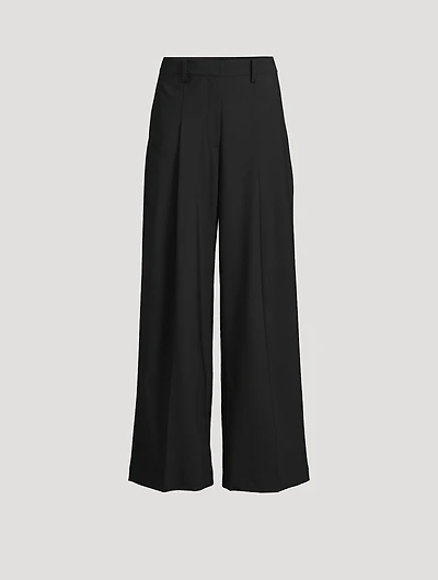 Wide-Leg Pleated Stretch Wool Trouser Pants