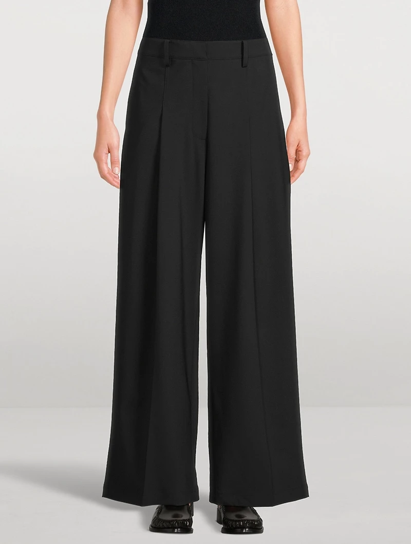 Wide-Leg Pleated Stretch Wool Trouser Pants